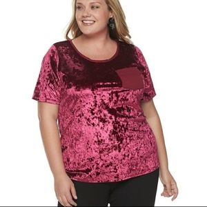 Evri Tee Crushed Velvet Pocket T Shirt Magenta Pink size 1X Boho